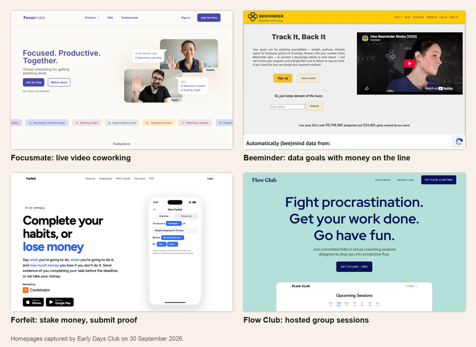 Homepages of four accountability apps: Focusmate, Beeminder, Forfeit and Flow Club