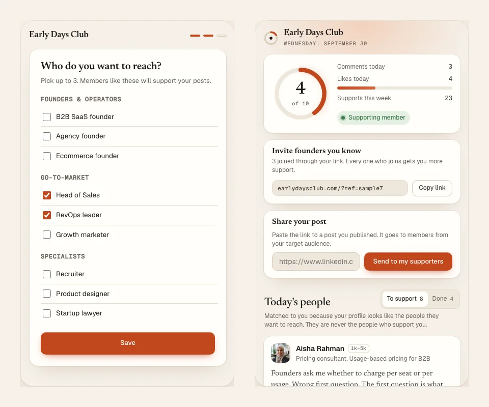 Early Days Club extension screens: choosing up to three audiences to reach, and the side panel with today's list of members' posts to support