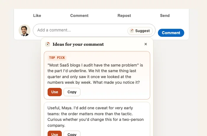 Early Days Club extension showing three suggested comment ideas under a LinkedIn comment box